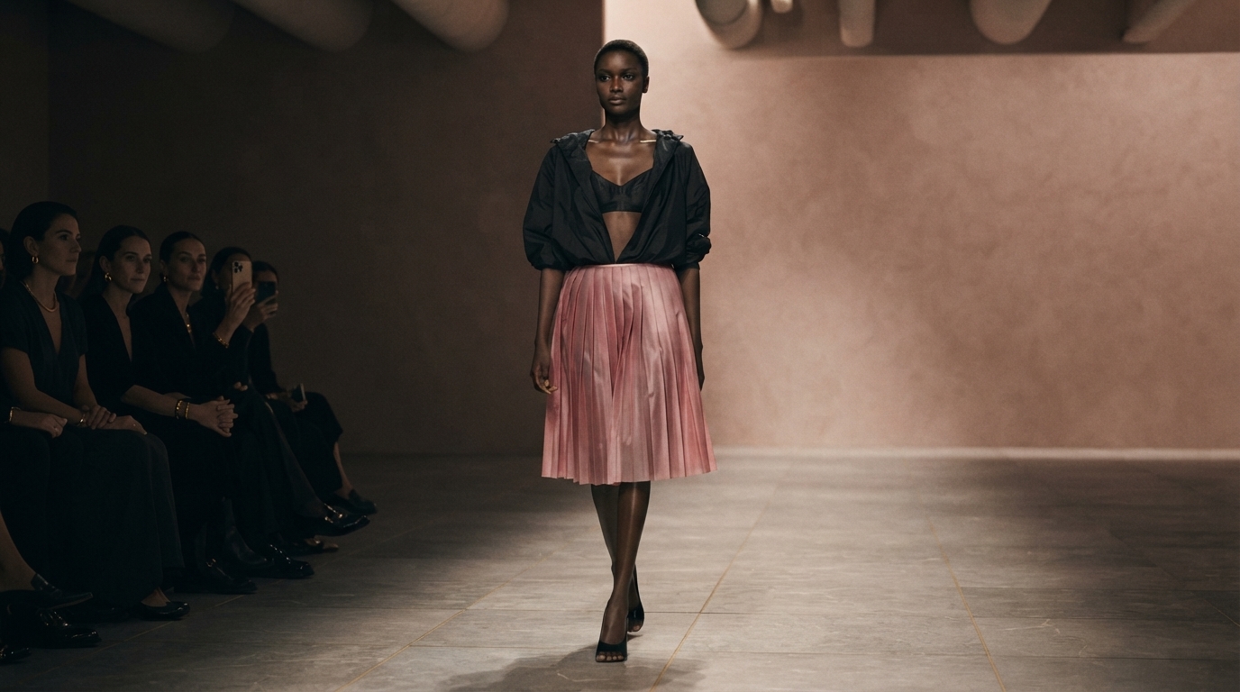 Editorial illustration for Prada's Spring/Summer 2027: Mastering the Skirt-Centric Wardrobe